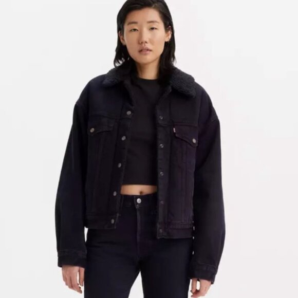 Black Levi’s denim jacket lined with shearling S - Picture 1 of 4